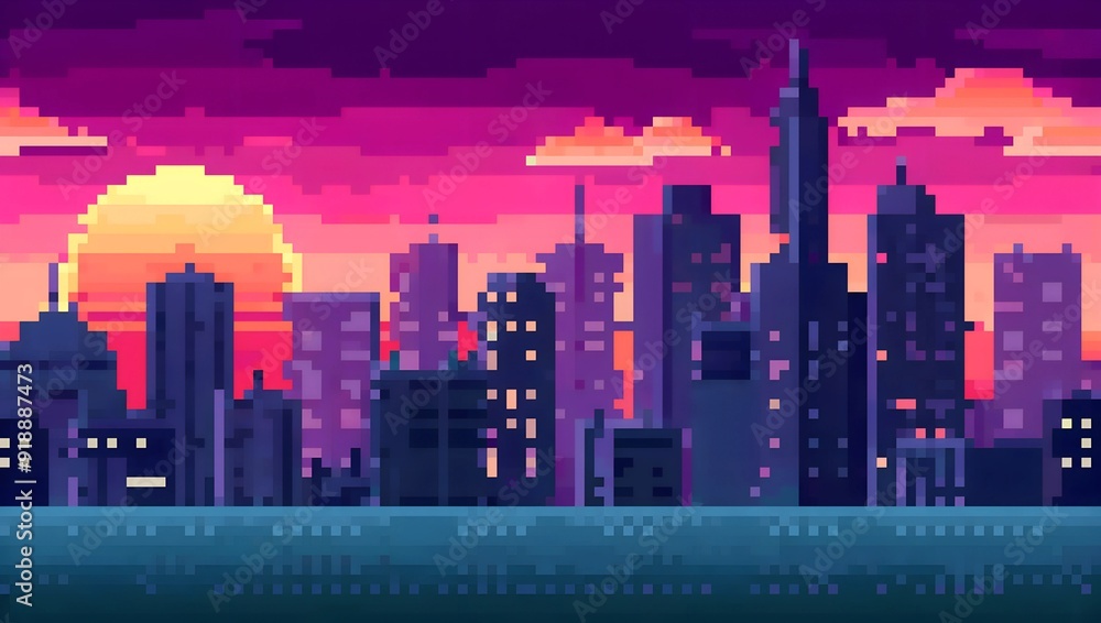 City skyline at sunset pixel art background. 8-bit game assets Stock ...