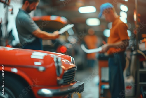 Wallpaper Mural Mechanic presents car checklist to customer with assistant focusing on right side Auto repair center offering professional service Torontodigital.ca