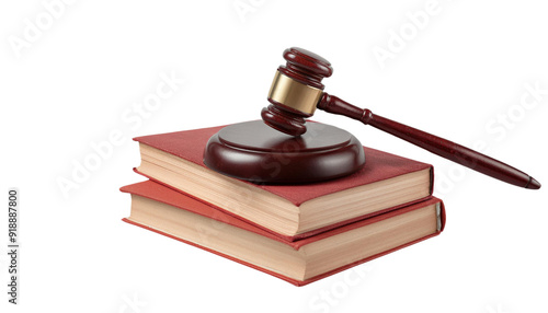 A legal gavel resting atop stacked law books, symbolizing justice and the legal system in a courtroom setting.