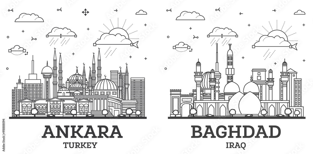 Outline Baghdad Iraq and Ankara Turkey City Skyline set with Historic Buildings Isolated on White. Cityscape with Landmarks. Outline Baghdad Iraq and Ankara Turkey City Skyline set with Historic Buildings Isolated on White. Cityscape with Landmarks.