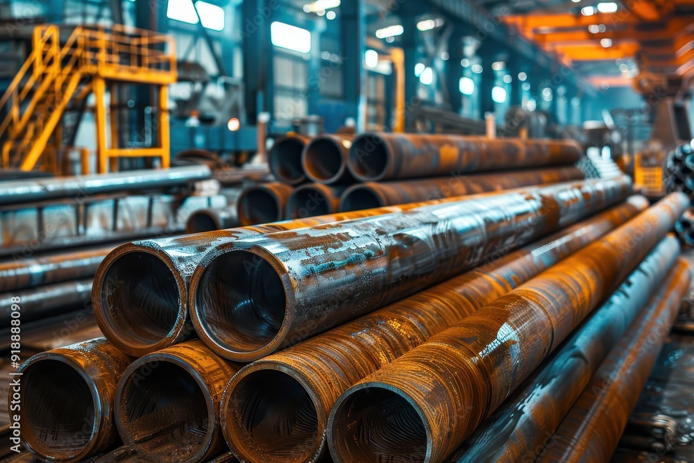 Metal pipe production plant with workshop and equipment Stack of steel pipes Metal pipe production plant with workshop and equipment Stack of steel pipes