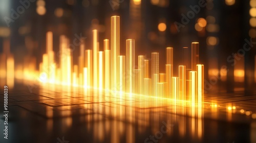 Bar graph with bars transforming into pillars of light, 3D illustration, symbolizing enlightened business growth, hyper-realistic