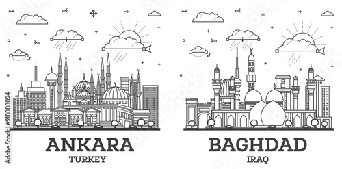Outline Baghdad Iraq and Ankara Turkey City Skyline set with Historic Buildings Isolated on White. Cityscape with Landmarks.