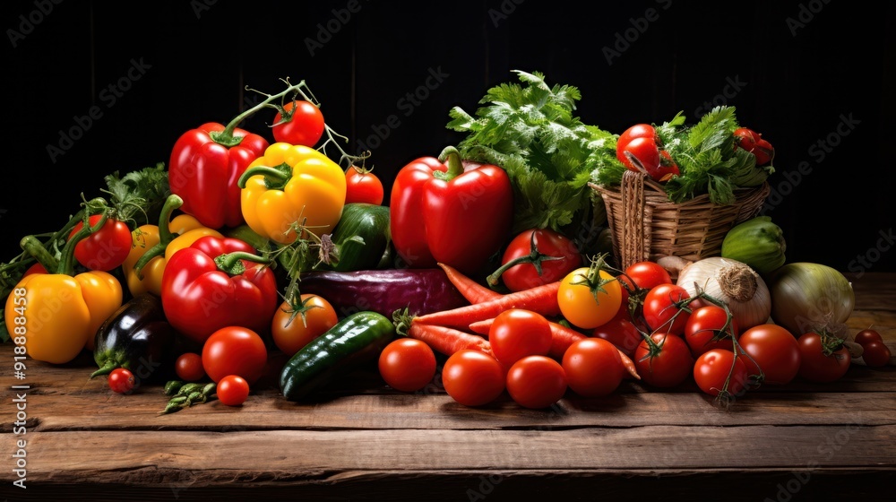 Assorted fresh vegetables including tomatoes, cucumbers, Assorted fresh vegetables including tomatoes, cucumbers,
