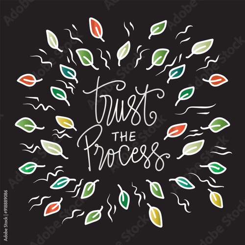 Trus the process. Lettering quote with leaves. Hand drawn vector illustration. Inspirational quote.