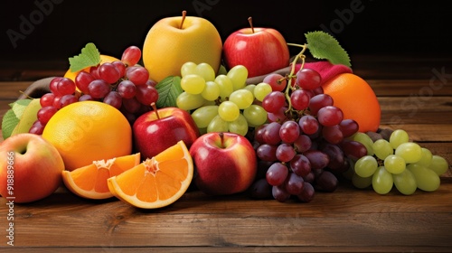 Colorful assortment of organic fruits such as apples, oranges,