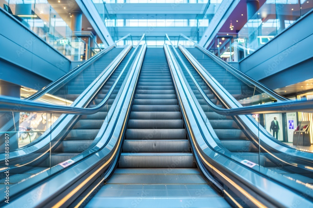Modern luxury escalators with staircase in Community Mall Shopping Center Electric escalator moving up with metal bands close up to floor platform Modern luxury escalators with staircase in Community Mall Shopping Center Electric escalator moving up with metal bands close up to floor platform