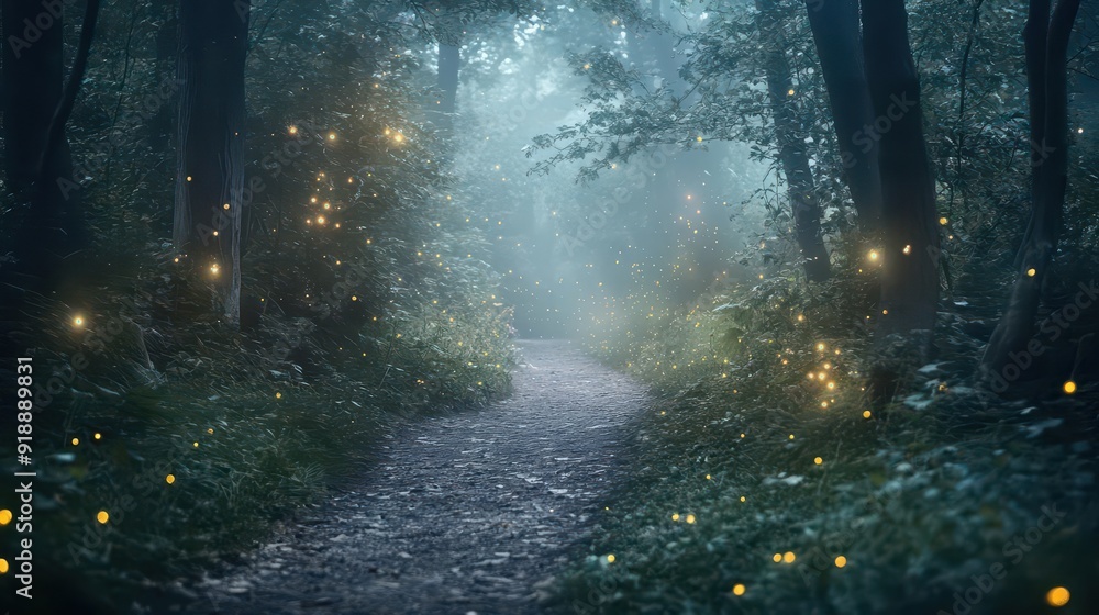 enchanted forest path illuminated by magical fireflies misty ethereal ...