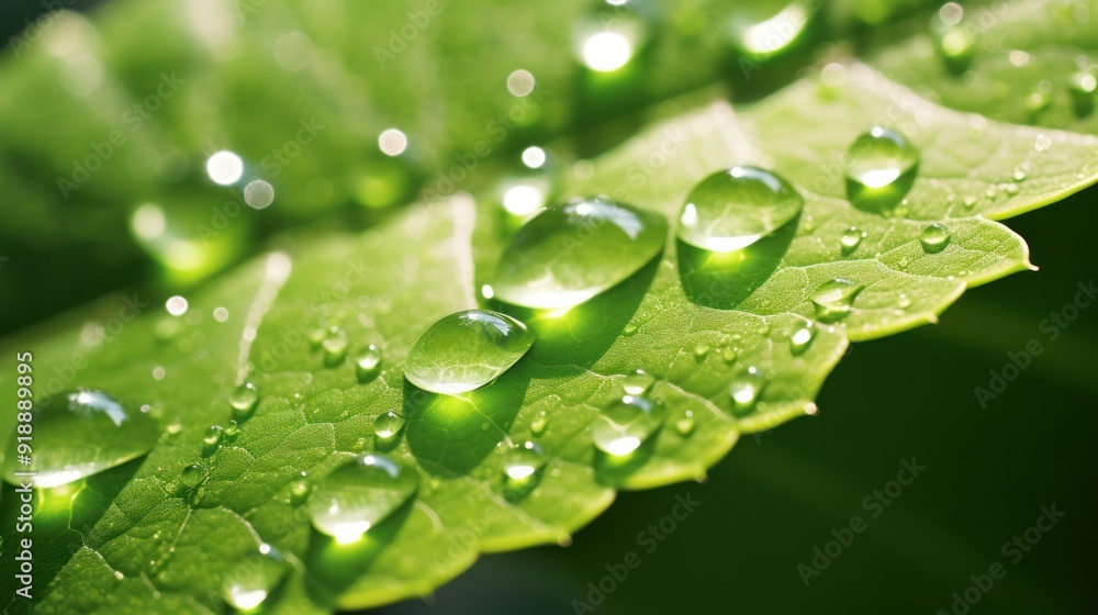 Detailed close-up of a translucent green leaf with water droplets Detailed close-up of a translucent green leaf with water droplets