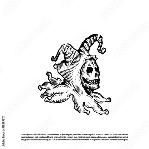 Vintage retro hand drawn horned clown skull, spooky clown vector art illustration