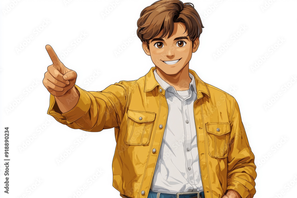 Happy smiling cartoon character man showing pointing finger standing confident on white background. Successful people male person concept Happy smiling cartoon character man showing pointing finger standing confident on white background. Successful people male person concept