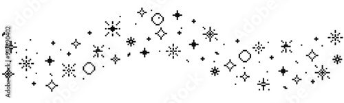 Pixel star retro 8 bit sparkle wavy border seamless frame. Shiny game pixel art effect set. Firework burst, space decoration. 90s aesthetics, y2k 