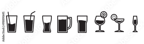 Collection of icons of glasses for various drinks in flat form. Several glass icons and decorations for glasses of beer, wine, alcohol, martini, champagne, Vector illustration isolated on tranparent.