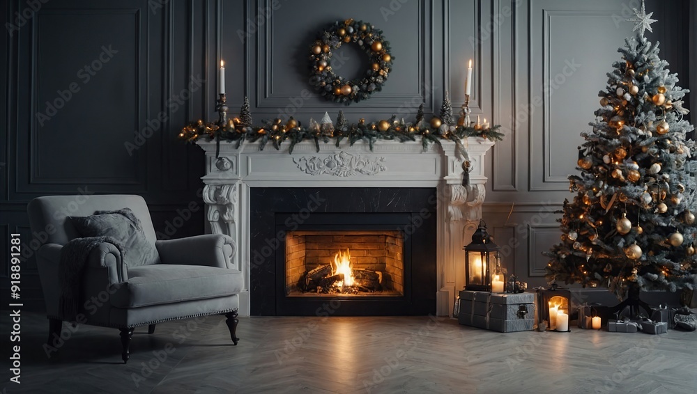 Classic white christmas interior with new year tree decorated. Fireplace with grey chair, clocks on the wall Classic white christmas interior with new year tree decorated. Fireplace with grey chair, clocks on the wall