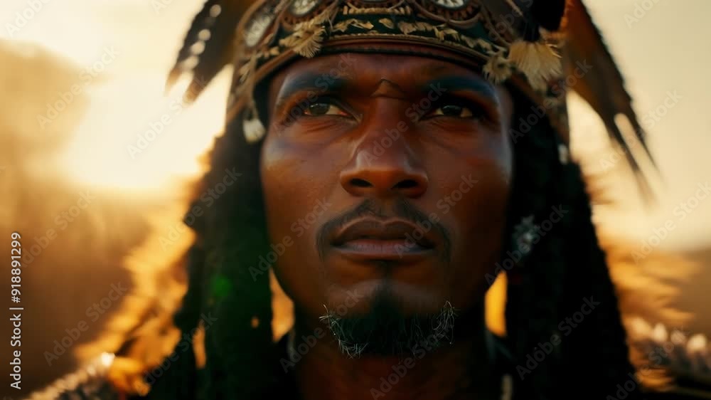 The closeup shot of an Aztec warriors face reveals the intense expression and striking features enhanced by feathers that embody the warriors identity and beliefs. The closeup shot of an Aztec warriors face reveals the intense expression and striking features enhanced by feathers that embody the warriors identity and beliefs.