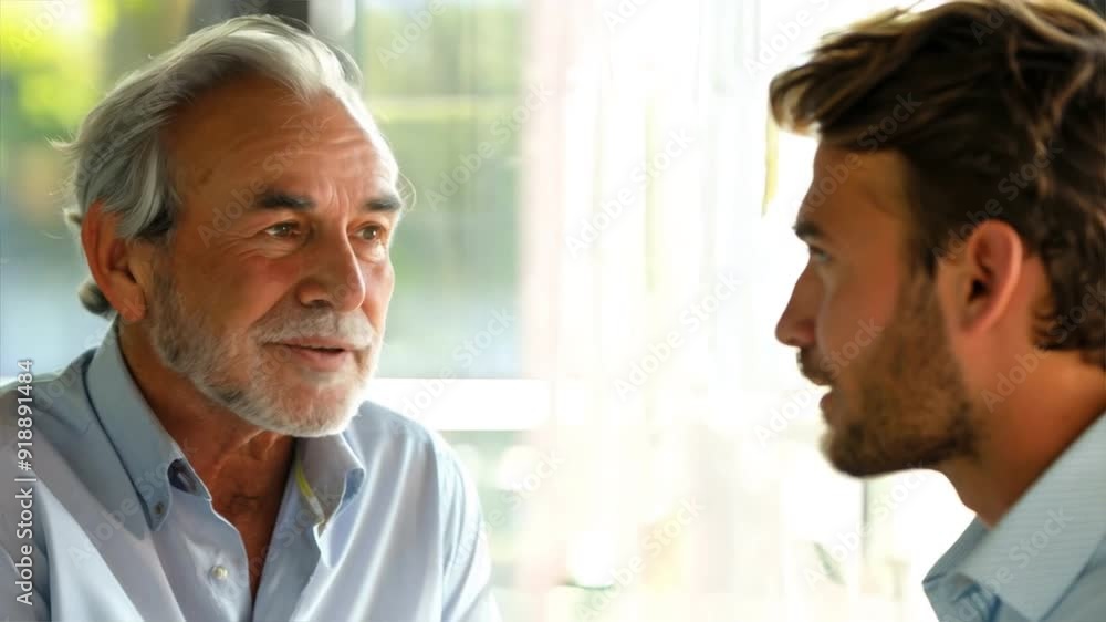 Two men are talking to each other. One of them is older and the other is younger. The older man has a beard and is wearing a blue shirt Two men are talking to each other. One of them is older and the other is younger. The older man has a beard and is wearing a blue shirt