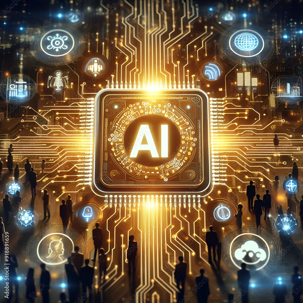 Fototapeta premium Artificial Intelligence processor unit. Powerful Quantum AI component on PCB motherboard with data transfers.