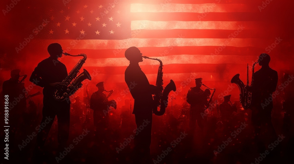Fototapeta premium Silhouette of Musicians Performing with American Flag