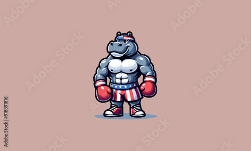 hippo wearing boxing gloves and shorts emblazoned with the American flag vector mascot
