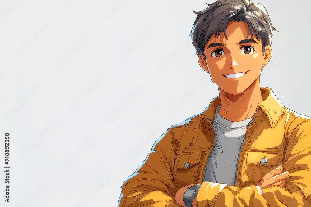 Happy smiling cartoon character man showing pointing finger standing confident on white background. Successful people male person concept Happy smiling cartoon character man showing pointing finger standing confident on white background. Successful people male person concept