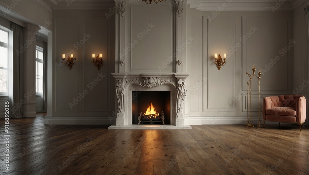 Classical empty room decorate with luxury fireplace 3d render,The room has wooden floors