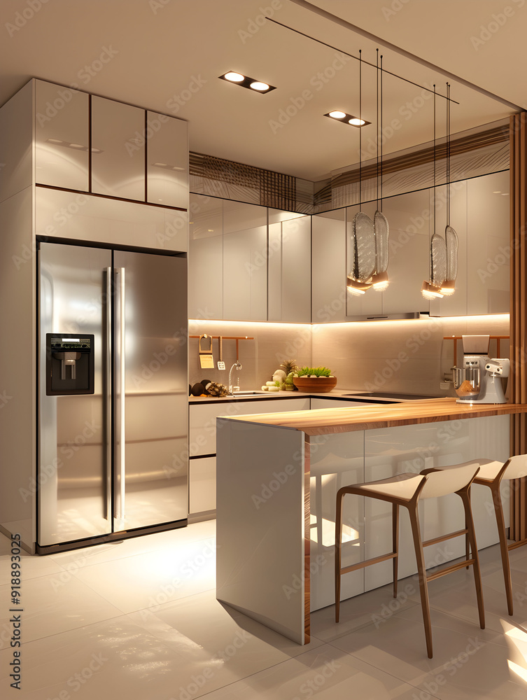Modern kitchen interior design with sleek white cabinets and a large stainless steel refrigerator. Modern kitchen interior design with sleek white cabinets and a large stainless steel refrigerator.