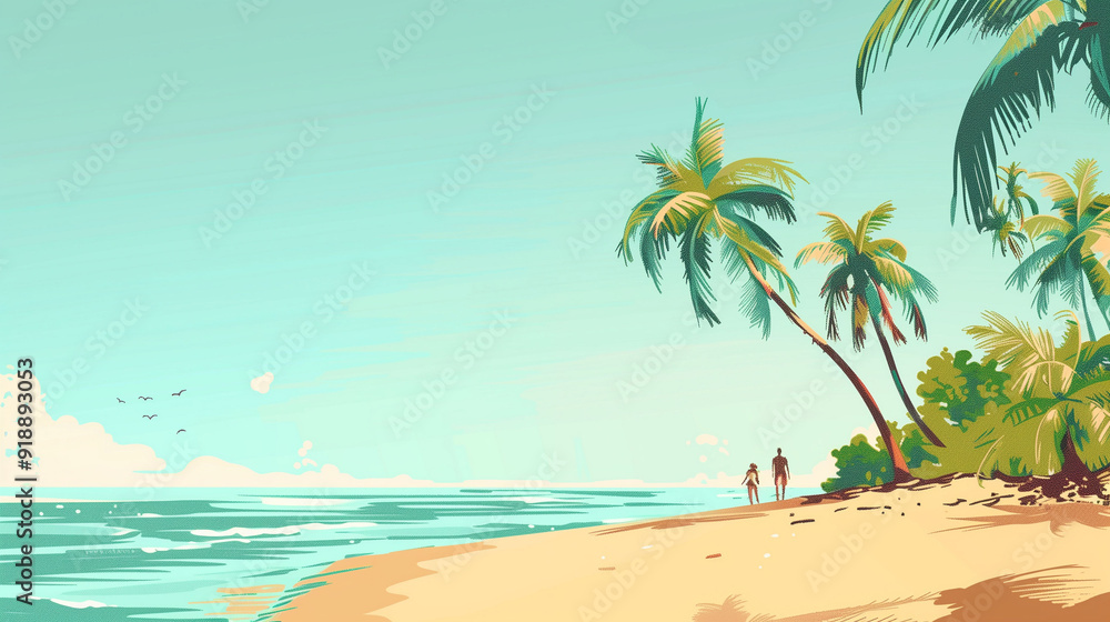 Obraz premium Family Strolling Along a Tropical Beach Under a Clear Blue Sky at Sunset