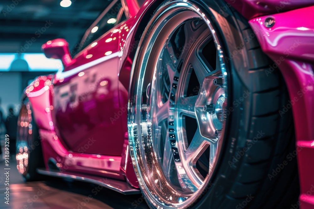 Pink drift car with wide silver rims and low profile tires Pink drift car with wide silver rims and low profile tires