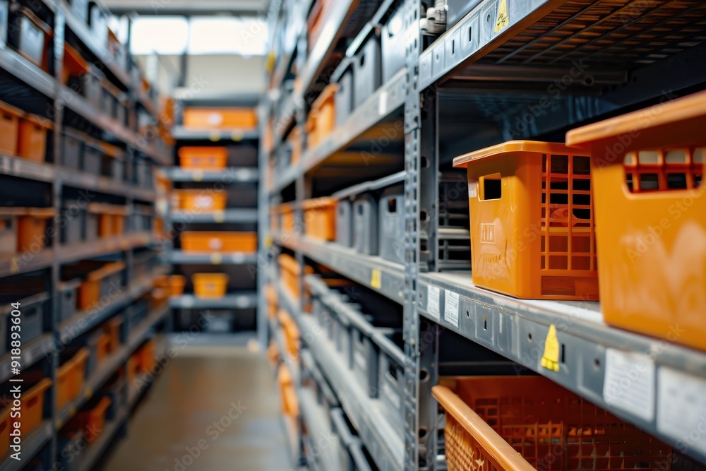 Fototapeta premium Plastic boxes stored in automated warehouse cells on metal shelves