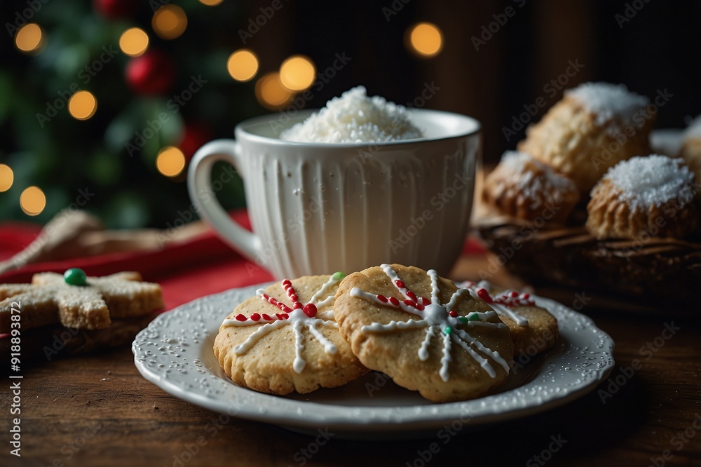 Close up of christmas cookies, sugar cane and cup Close up of christmas cookies, sugar cane and cup