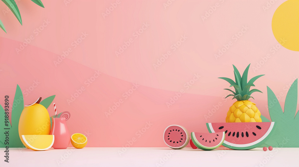 Obraz premium Vibrant Summer Still Life Featuring Tropical Fruits and Bright Colors on Pink Background