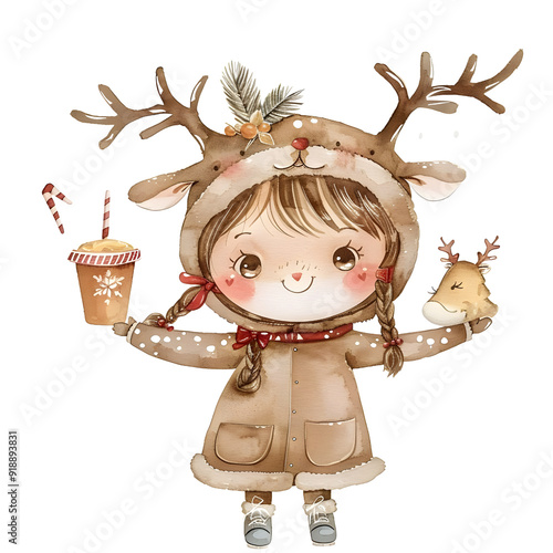 a super cute cartoon smile lady wearing reindeer costume with Ordering Food - Choosing items from the menu and placing an order, full body, single object, watercolor illustration