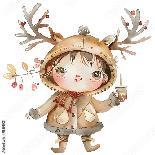 a super cute cartoon smile lady wearing reindeer costume with Ordering Food - Choosing items from the menu and placing an order, full body, single object, watercolor illustration