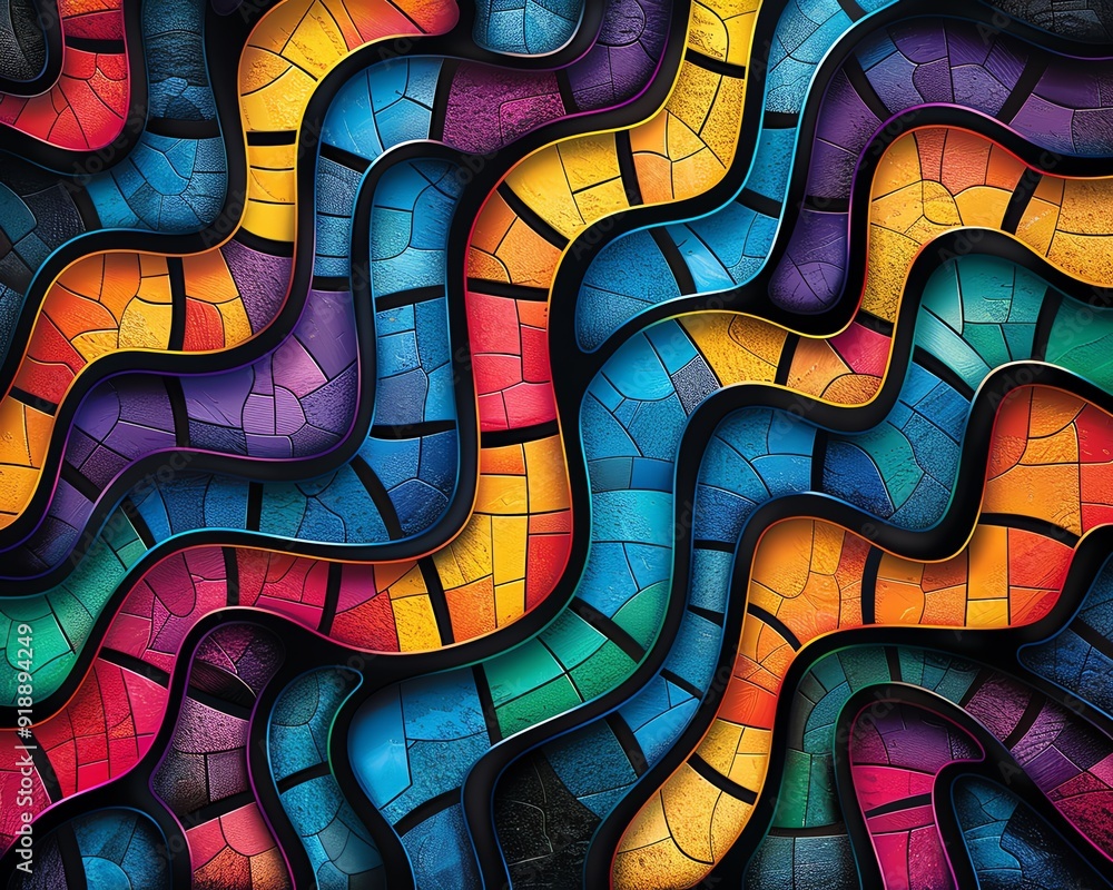 Obraz premium Abstract Colorful Mosaic Pattern with Wavy Lines and Geometric Shapes Digital Art Black Background