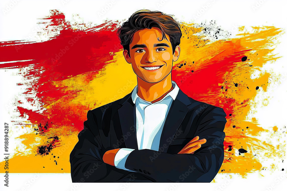 Happy smiling cartoon character man showing pointing finger standing confident on white background. Successful people male person concept Happy smiling cartoon character man showing pointing finger standing confident on white background. Successful people male person concept