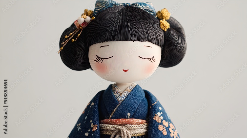Charming Handcrafted Doll in Historic Japanese Attire: Perfect for a Serene Sports Interior Poster with Gold Accents and Tranquil Expression Charming Handcrafted Doll in Historic Japanese Attire: Perfect for a Serene Sports Interior Poster with Gold Accents and Tranquil Expression