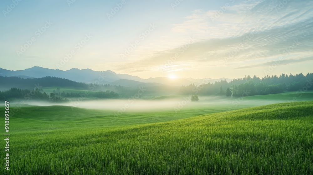 Naklejka premium Peaceful Morning Mist over Green Fields and Hills