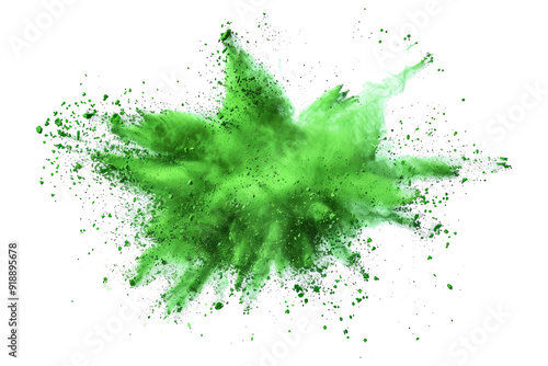 bright green paint color powder festival explosion burst isolated white background.	