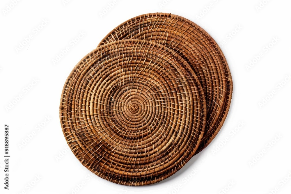 Round rattan placemat on white background top view Round rattan placemat on white background top view