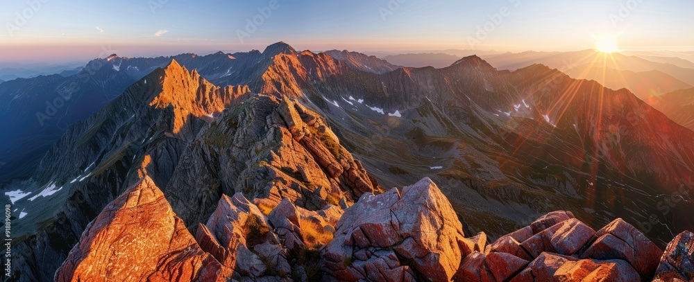 Fototapeta premium Golden Hour Panorama of Majestic Mountain Peaks