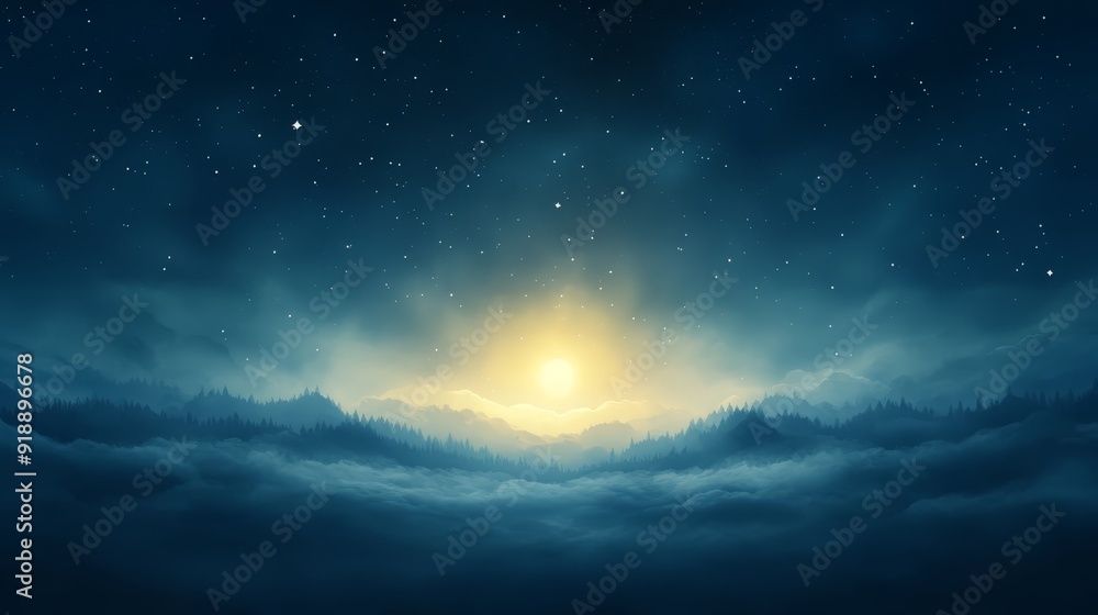 Starry Night Sky with Moonrise Over Foggy Mountains Starry Night Sky with Moonrise Over Foggy Mountains