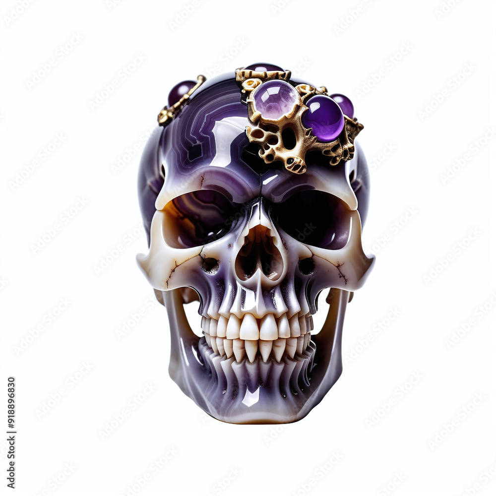 Skull made of agate and amethyst. Isolated on white background. Side view, Digital illustration. Skull made of agate and amethyst. Isolated on white background. Side view, Digital illustration.