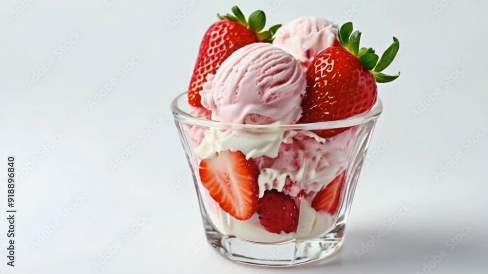 Delicious ice cream with strawberries in a glass vase on a white background. Made with HD High Quality 4K Video Clip Delicious ice cream with strawberries in a glass vase on a white background. Made with HD High Quality 4K Video Clip