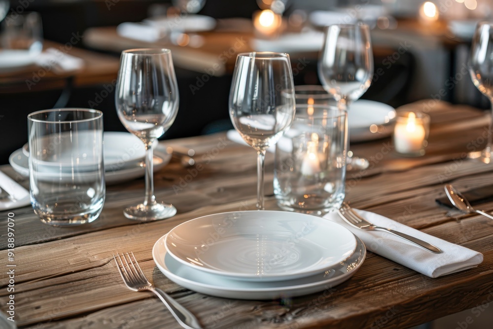 Setting with tableware candle and glasses on table Setting with tableware candle and glasses on table