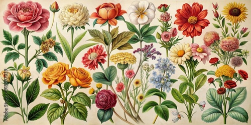 Vintage artwork and retro graphic design set of botanical illustrations of flowers or floral plants