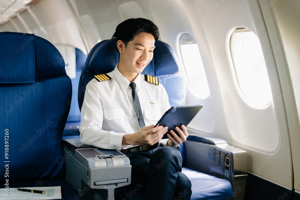 Asian Confident male pilot in uniform leaning at the passenger seat while standing inside of the airplane flight Asian Confident male pilot in uniform leaning at the passenger seat while standing inside of the airplane flight