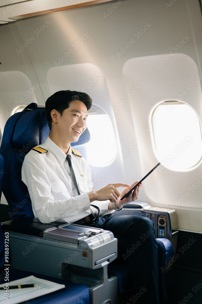 Asian Confident male pilot in uniform leaning at the passenger seat while standing inside of the airplane flight Asian Confident male pilot in uniform leaning at the passenger seat while standing inside of the airplane flight