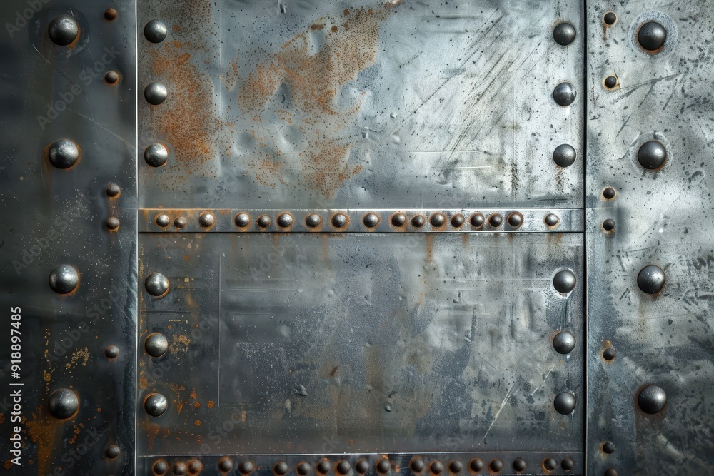 Fototapeta premium Shiny metal plate with rivets on a steel surface