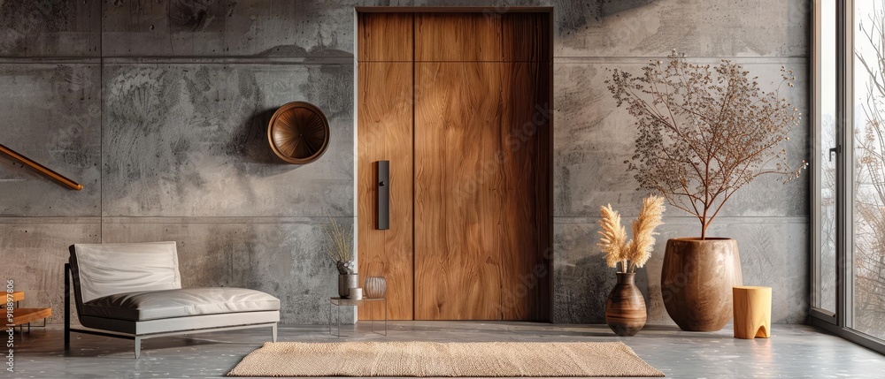 A contemporary wooden door with a flat design, complemented by minimalist, black hardware A contemporary wooden door with a flat design, complemented by minimalist, black hardware