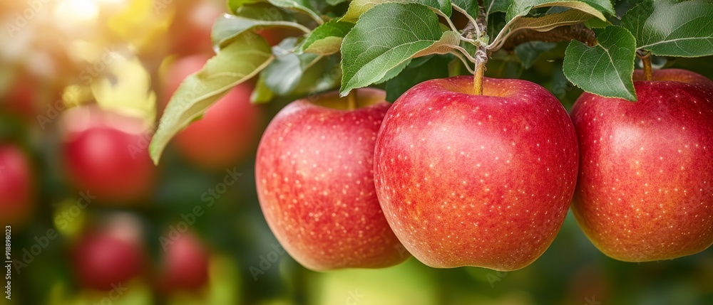 ripe red apples hanging from tree branch in orchard, close-up shot, sunny day, fresh fruit, organic farming. ripe red apples hanging from tree branch in orchard, close-up shot, sunny day, fresh fruit, organic farming.